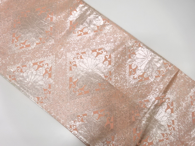 斜め格子に菊唐草模様織出しリバーシブル全通袋帯